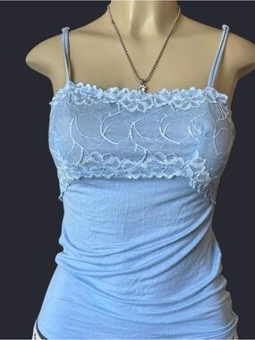 Y2K 2000s Jezebel Light Blue Lace-Trim Spaghetti Strap Tank
